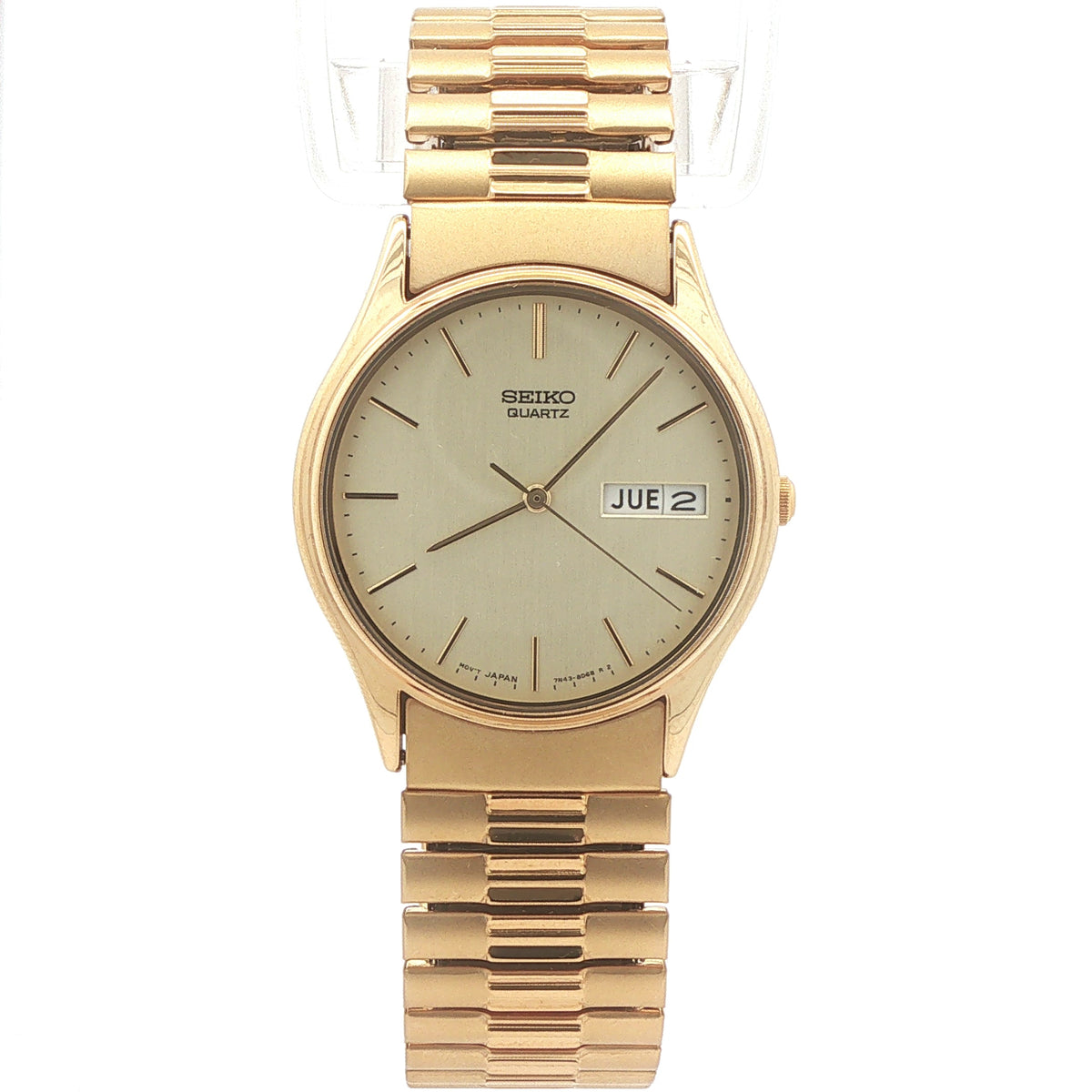 Vintage Estate Seiko Men’s Gold-Tone Quartz Day-Date Watch – 32mm – Expansion Band – Box & Papers