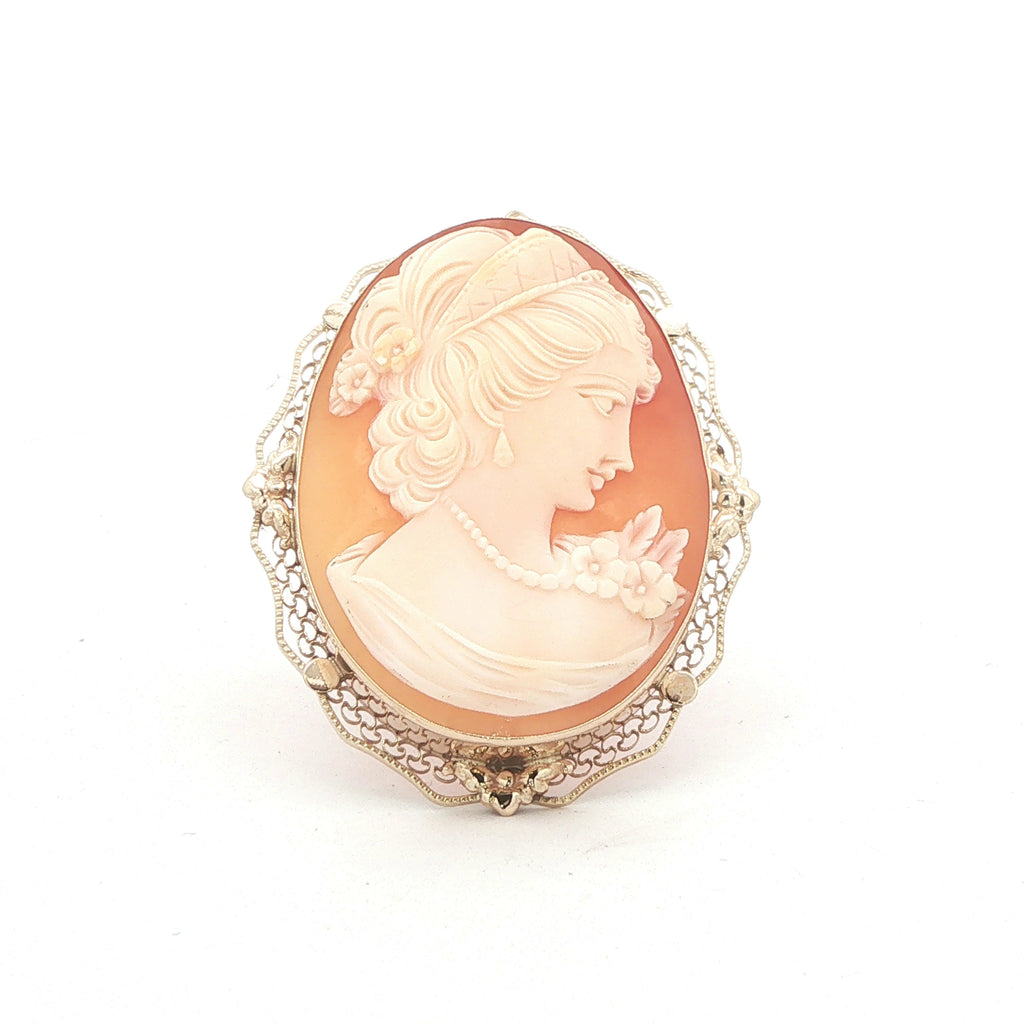 Vintage Circa 1950s Estate 14K Yellow Gold Carved Shell Cameo Brooch Pendant – 44mm