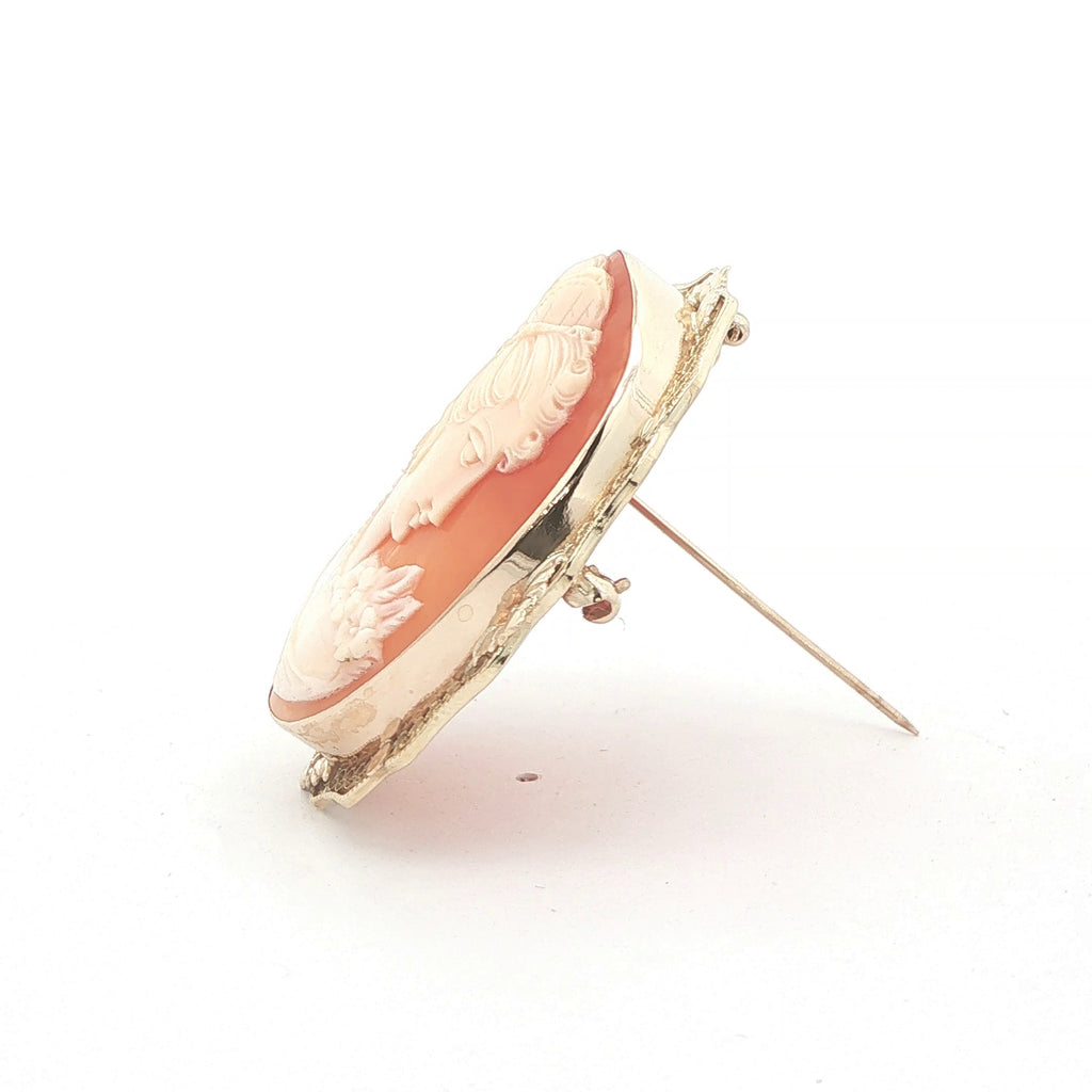 Vintage Circa 1950s Estate 14K Yellow Gold Carved Shell Cameo Brooch Pendant – 44mm