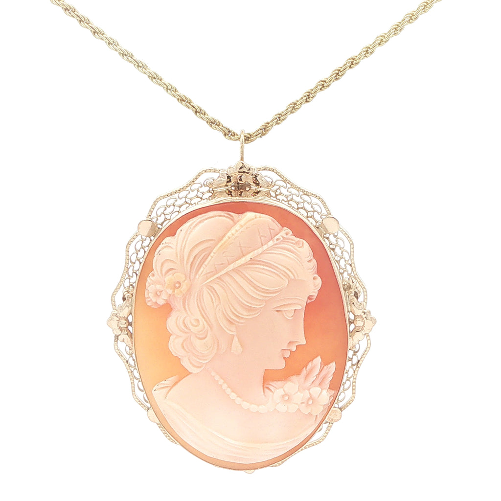 Vintage Circa 1950s Estate 14K Yellow Gold Carved Shell Cameo Brooch Pendant – 44mm