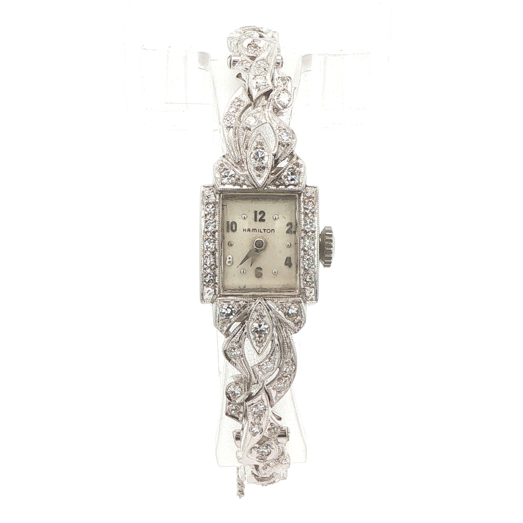 1950s–1960s Estate Hamilton 14K White Gold Natural Diamond Cocktail Watch with Safety Chain