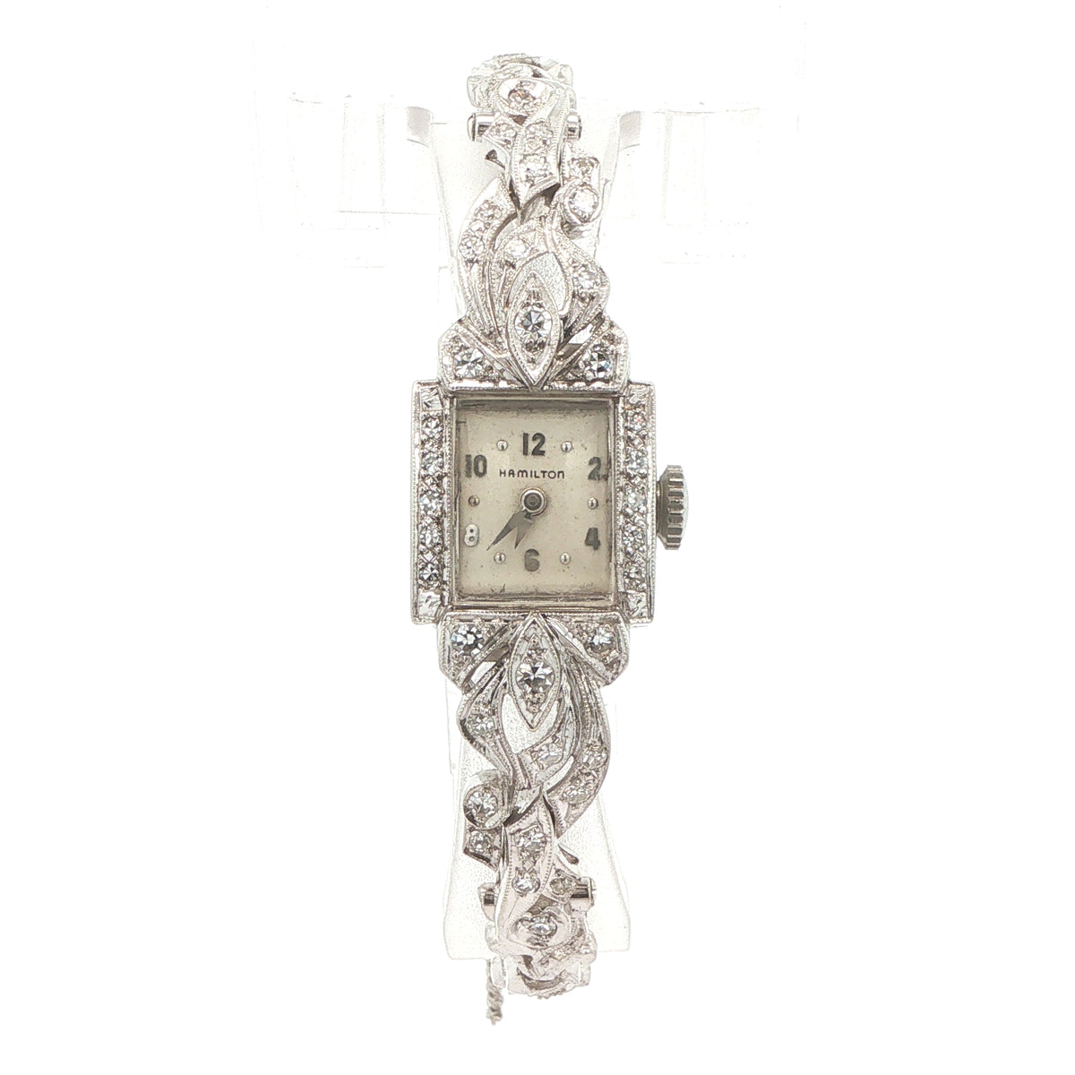 1950s–1960s Estate Hamilton 14K White Gold Natural Diamond Cocktail Watch with Safety Chain