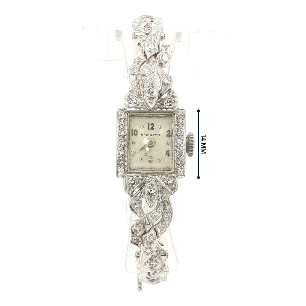 1950s–1960s Estate Hamilton 14K White Gold Natural Diamond Cocktail Watch with Safety Chain