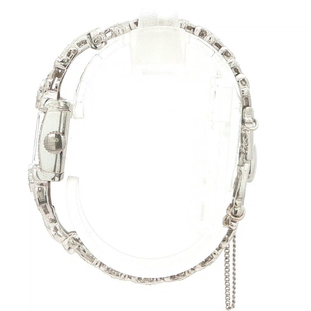 1950s–1960s Estate Hamilton 14K White Gold Natural Diamond Cocktail Watch with Safety Chain