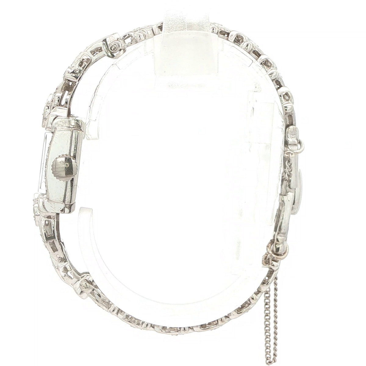 1950s–1960s Estate Hamilton 14K White Gold Natural Diamond Cocktail Watch with Safety Chain