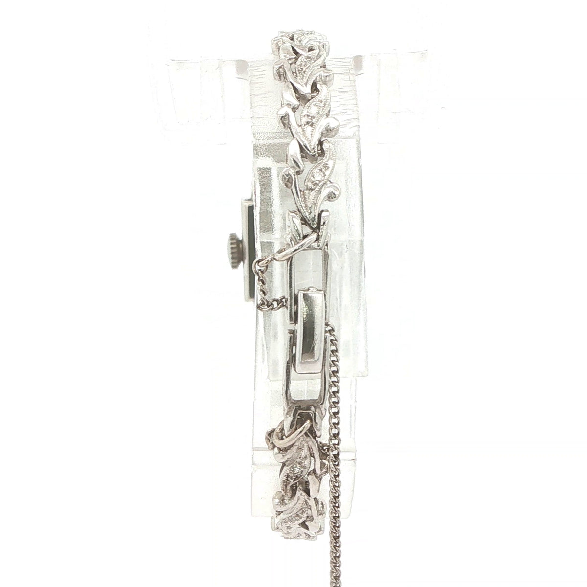 1950s–1960s Estate Hamilton 14K White Gold Natural Diamond Cocktail Watch with Safety Chain