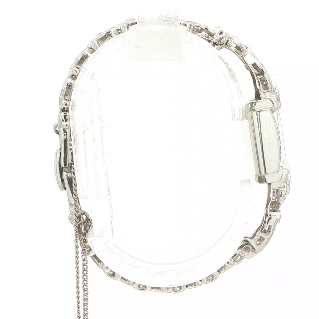 1950s–1960s Estate Hamilton 14K White Gold Natural Diamond Cocktail Watch with Safety Chain