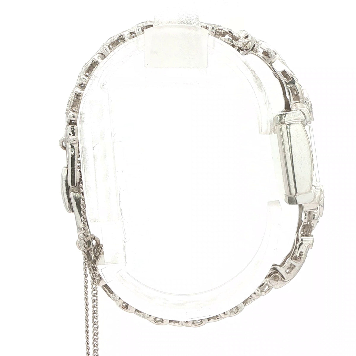 1950s–1960s Estate Hamilton 14K White Gold Natural Diamond Cocktail Watch with Safety Chain