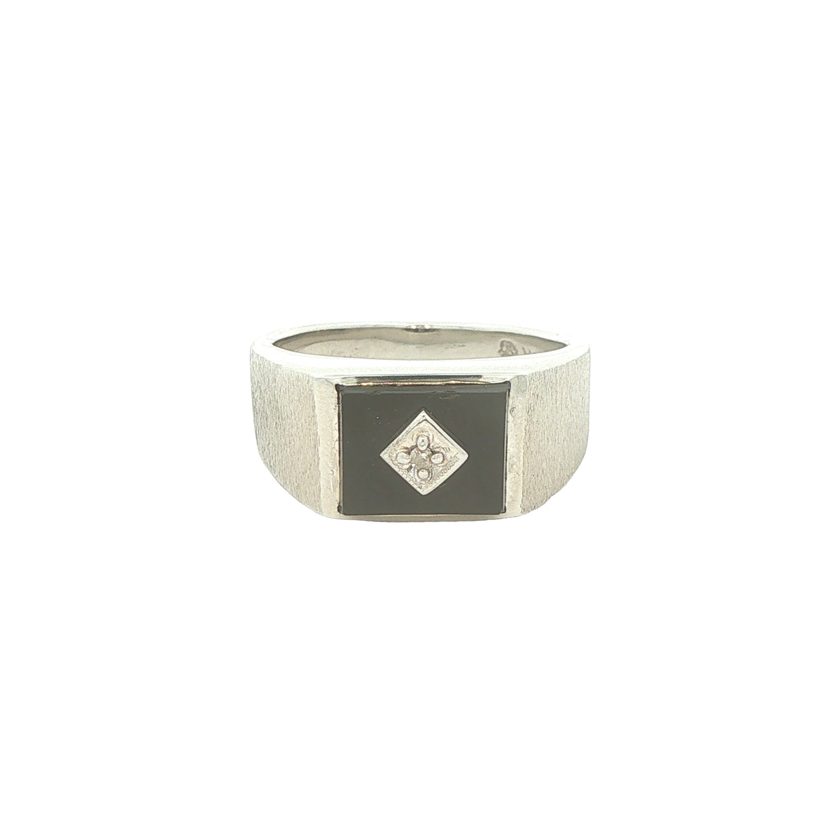 Estate 10K White Gold Gents Black Enamel & Natural Diamond Signet Ring