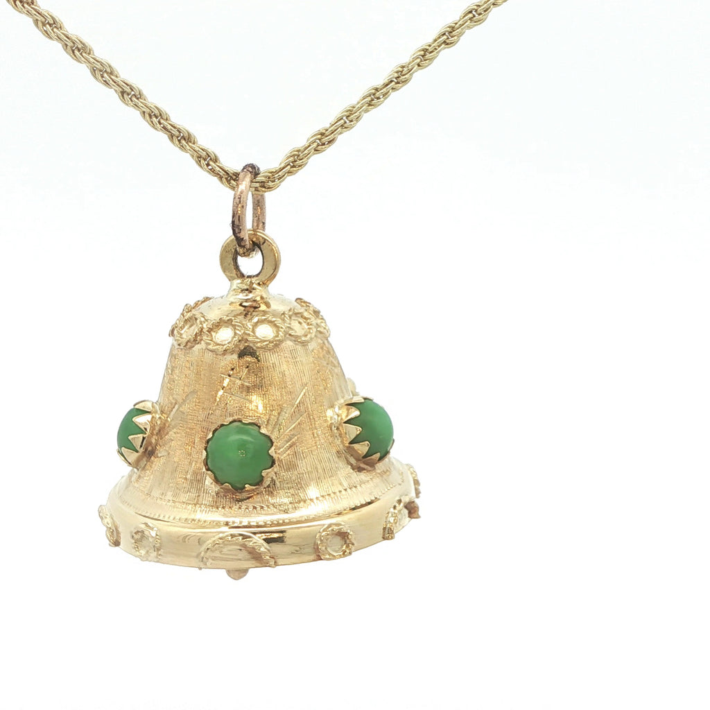 Estate 1970s 18K Yellow Gold Natural Jade Bell Pendant
