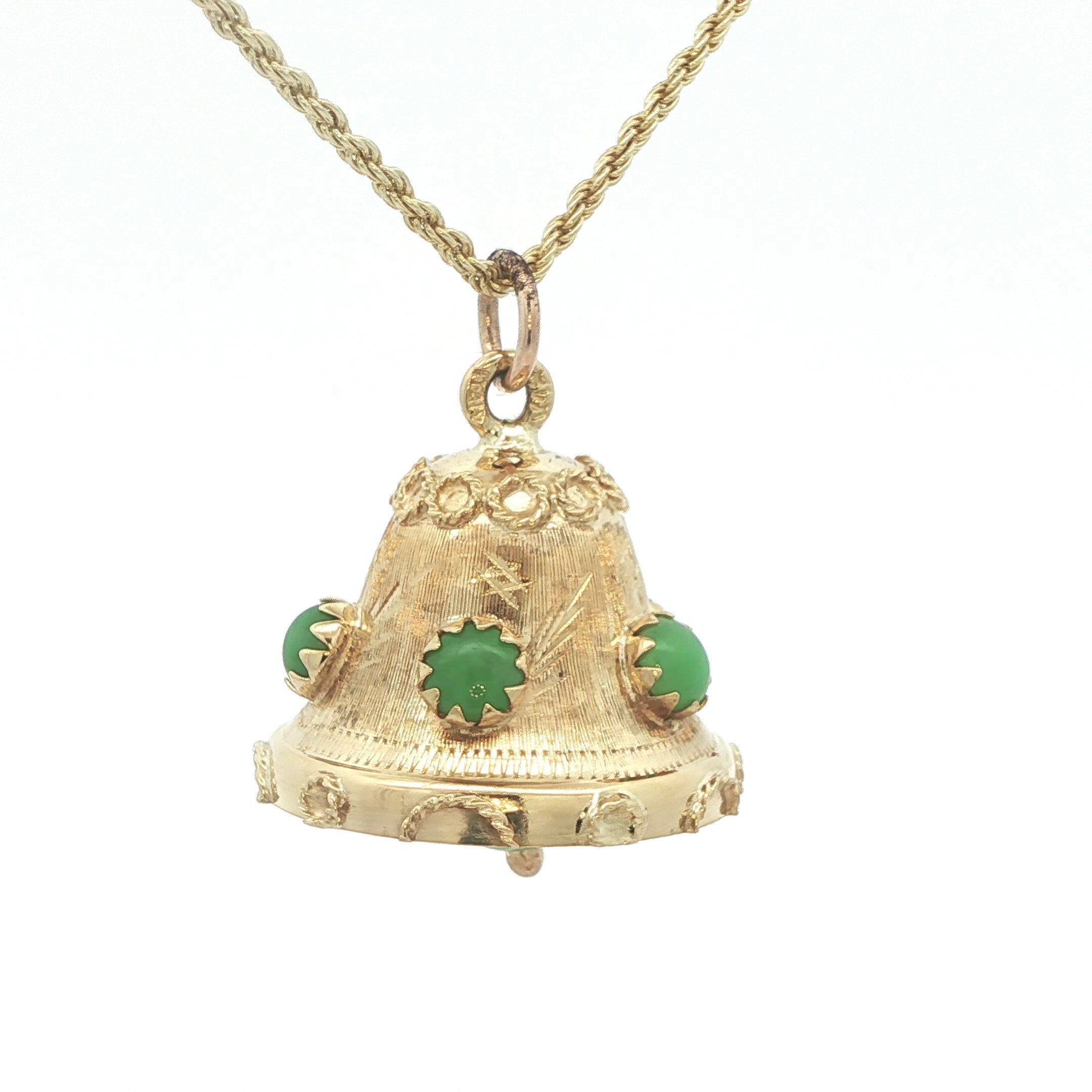 Estate 1970s 18K Yellow Gold Natural Jade Bell Pendant