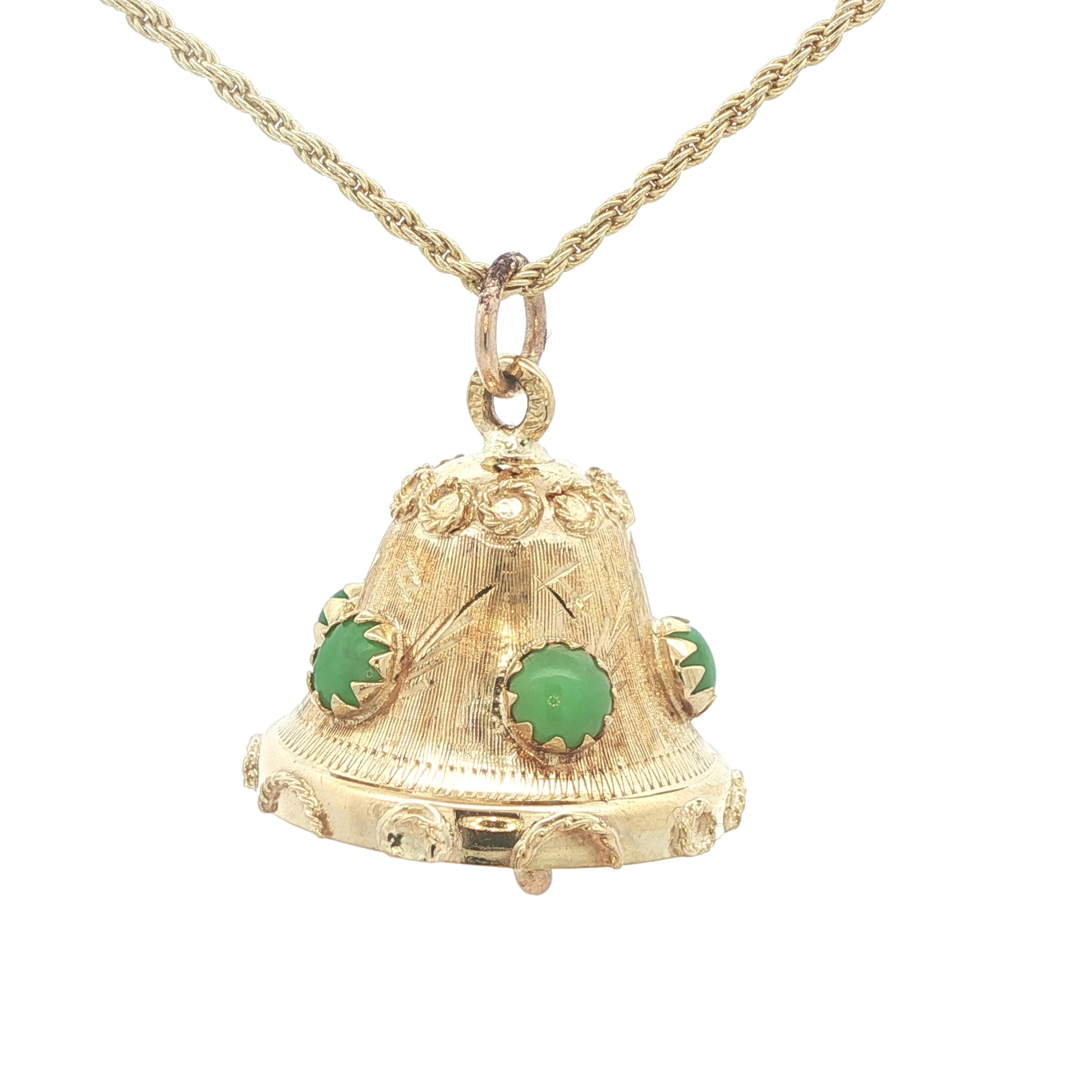 Estate 1970s 18K Yellow Gold Natural Jade Bell Pendant