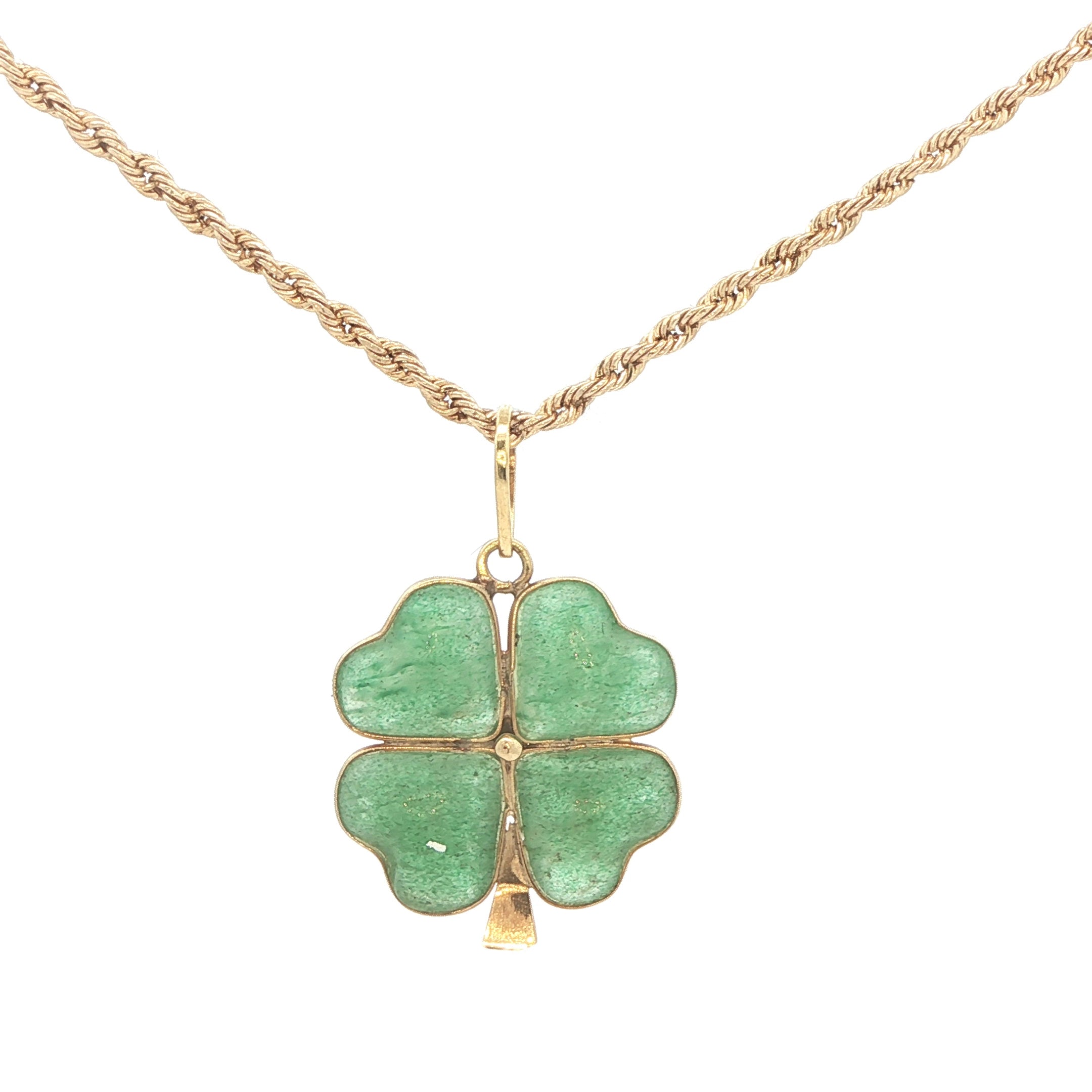 Estate 1990s 14K Yellow Gold Natural Jade Four Leaf Clover Pendant