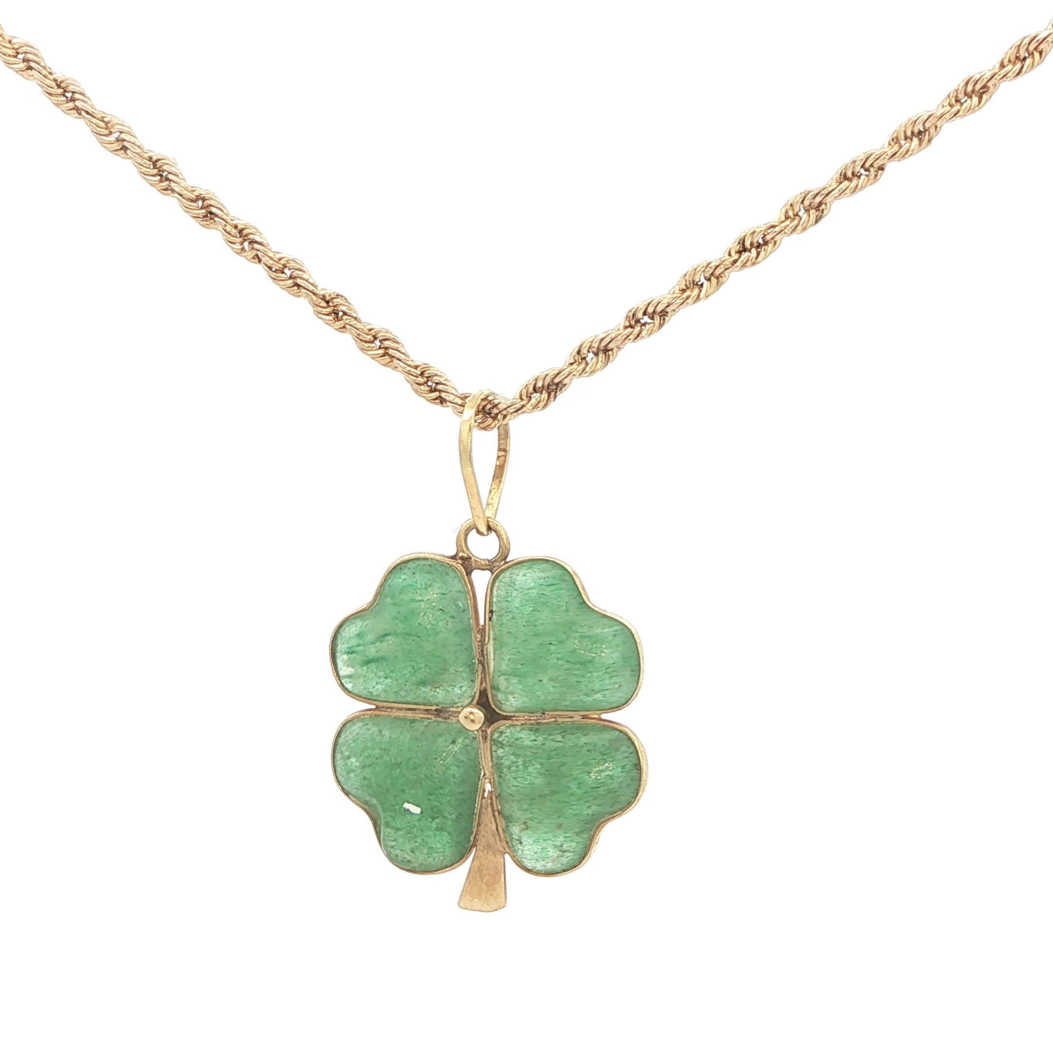 Estate 1990s 14K Yellow Gold Natural Jade Four Leaf Clover Pendant