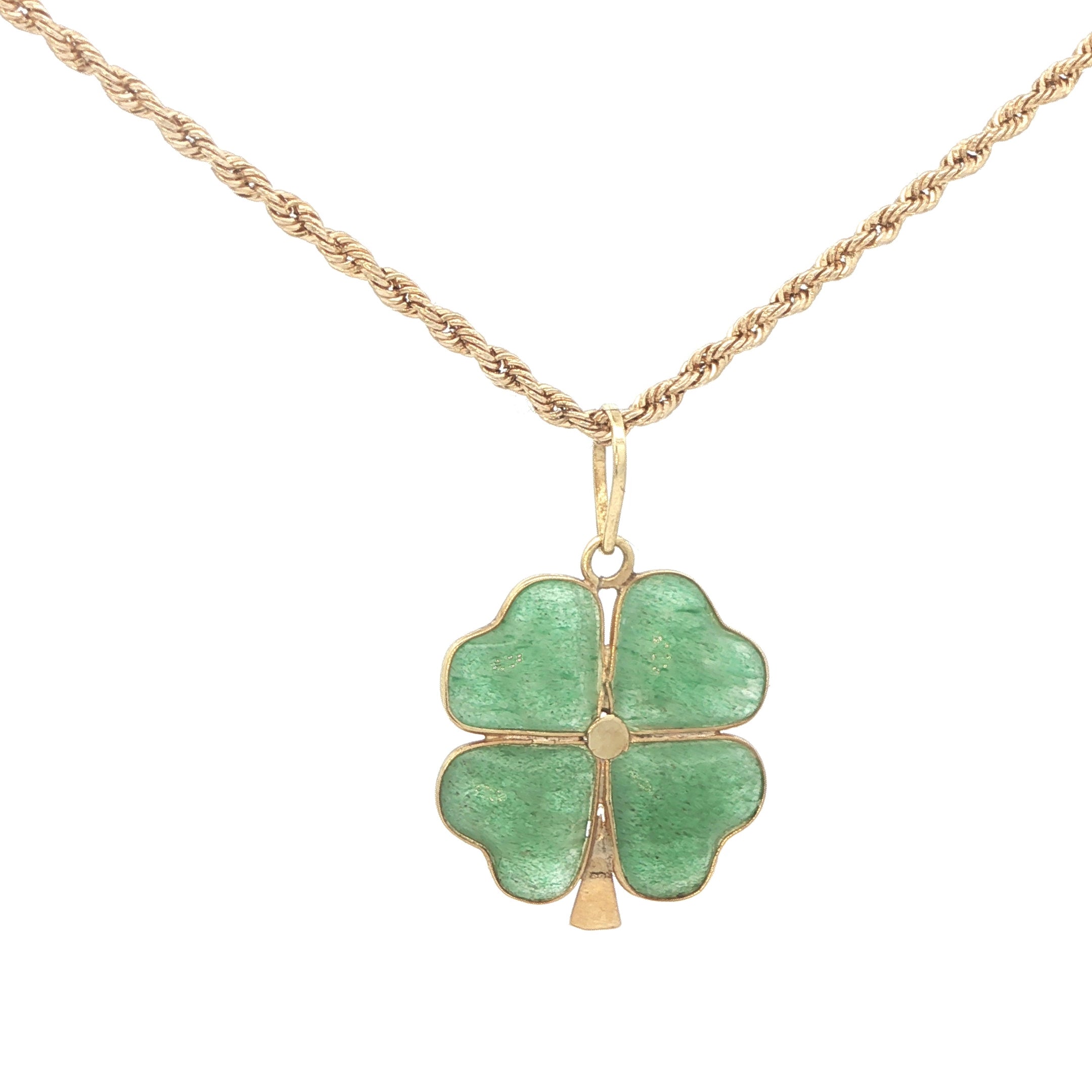 Estate 1990s 14K Yellow Gold Natural Jade Four Leaf Clover Pendant