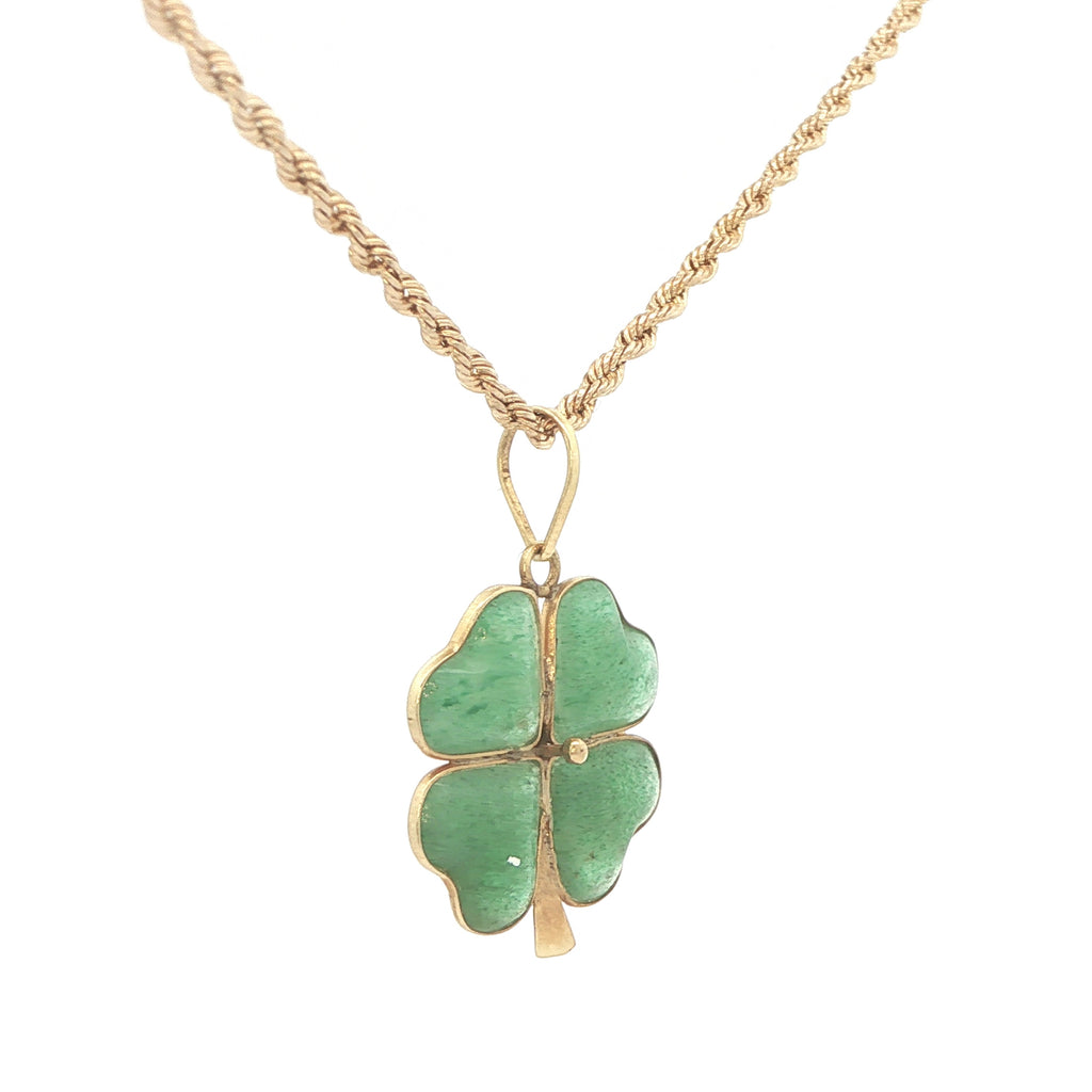 Estate 1990s 14K Yellow Gold Natural Jade Four Leaf Clover Pendant