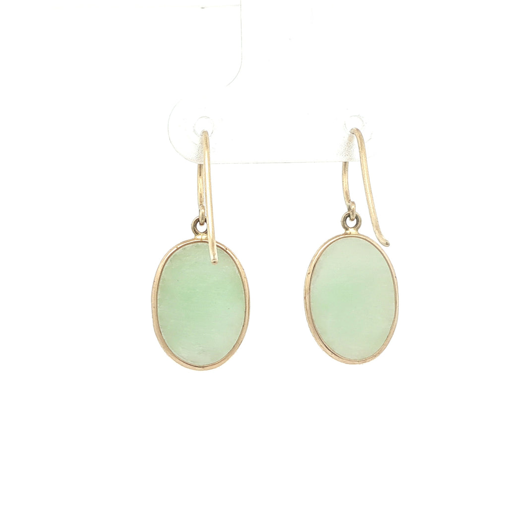 Estate 14K Yellow Gold Natural Jade Oval Dangle Earrings