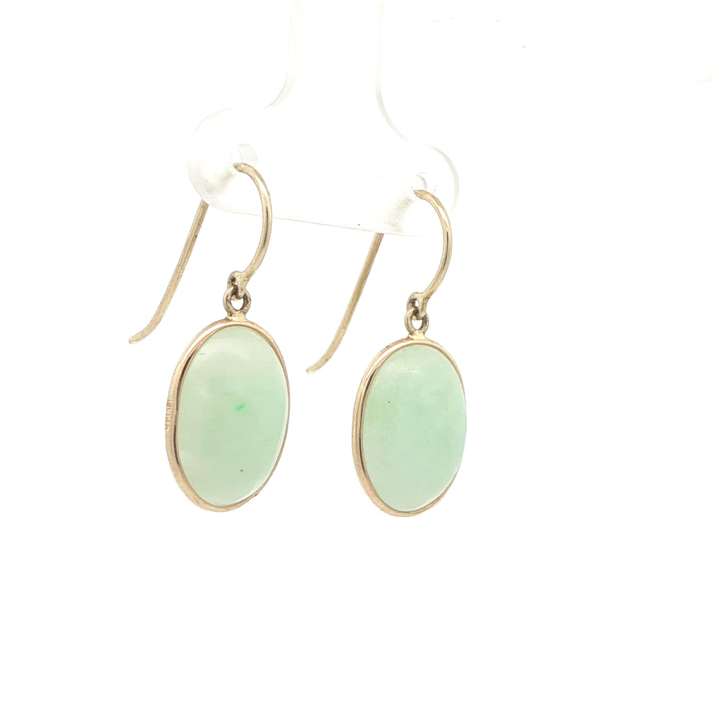 Estate 14K Yellow Gold Natural Jade Oval Dangle Earrings