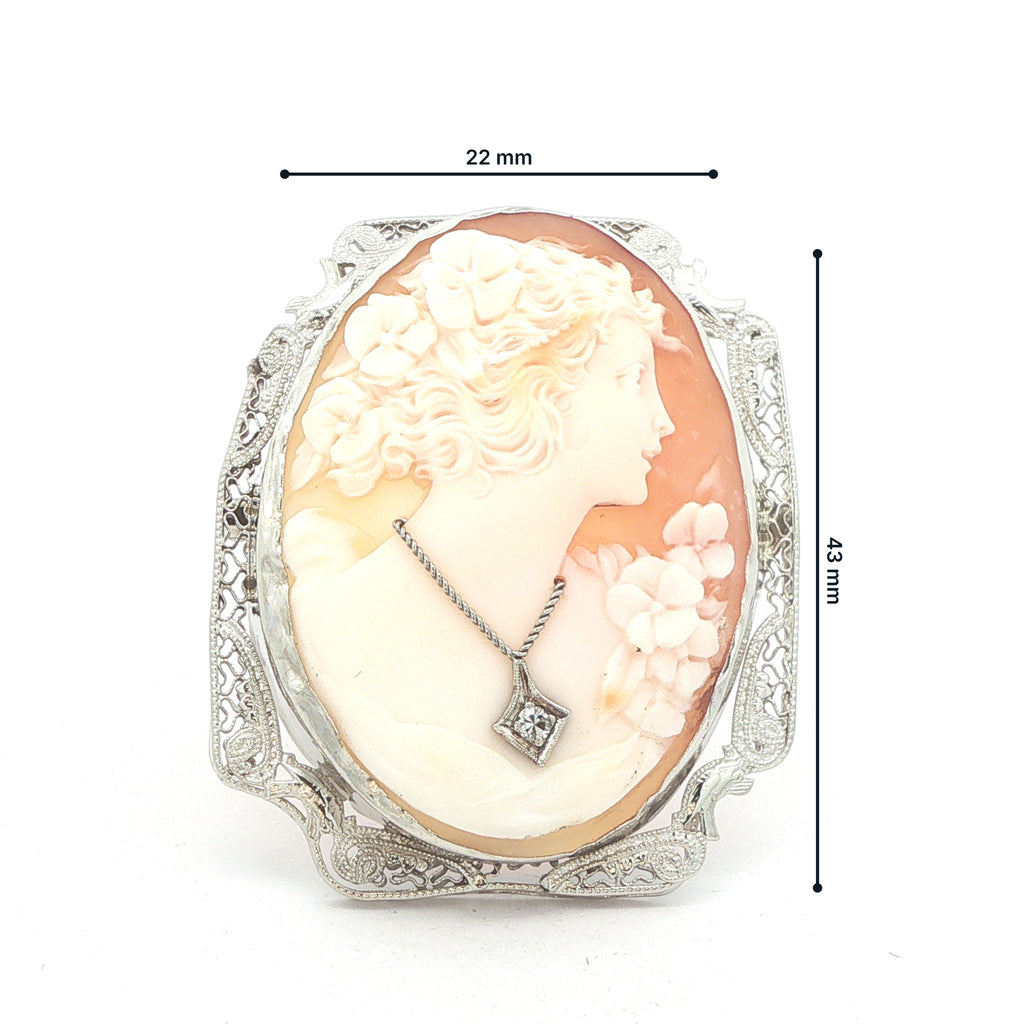 Circa 1920s 14K White Gold Floral Cameo Brooch Pendant – Vintage Openwork Frame