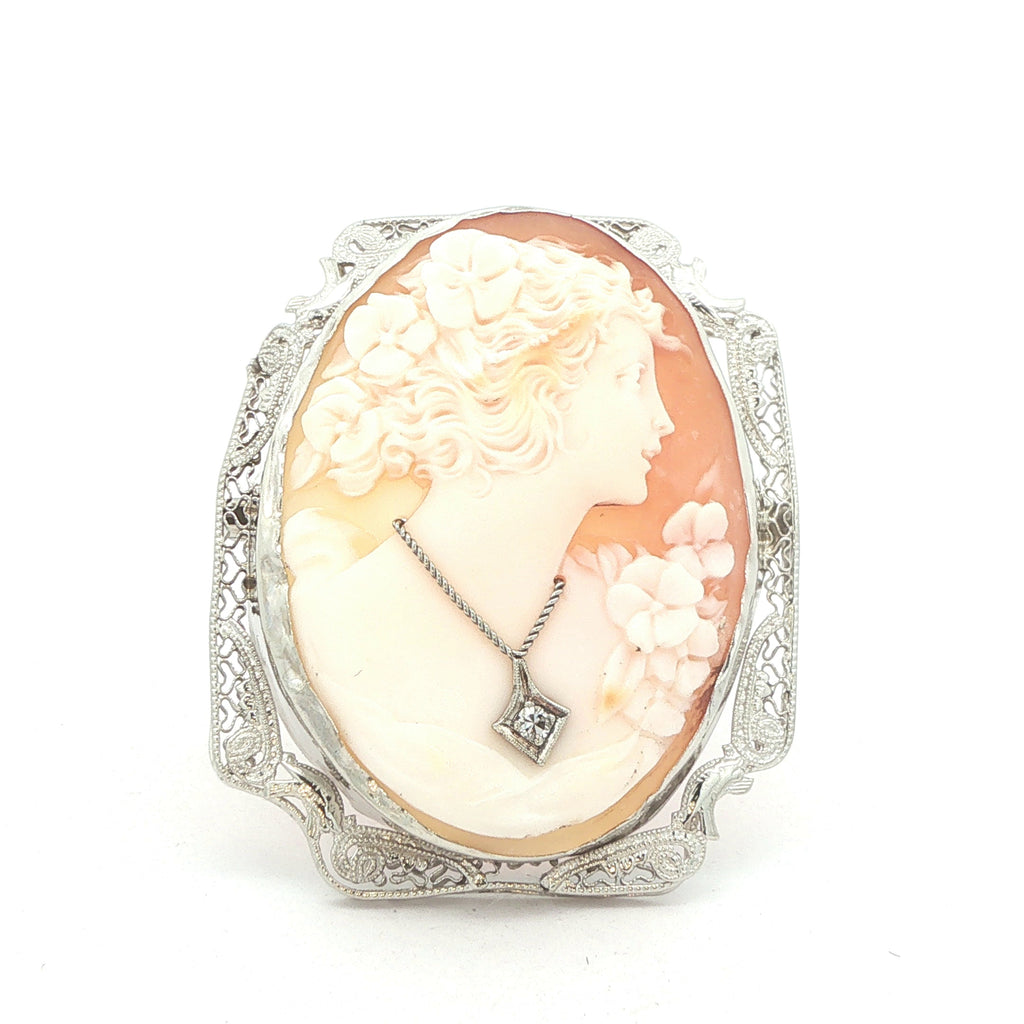Circa 1920s 14K White Gold Floral Cameo Brooch Pendant – Vintage Openwork Frame