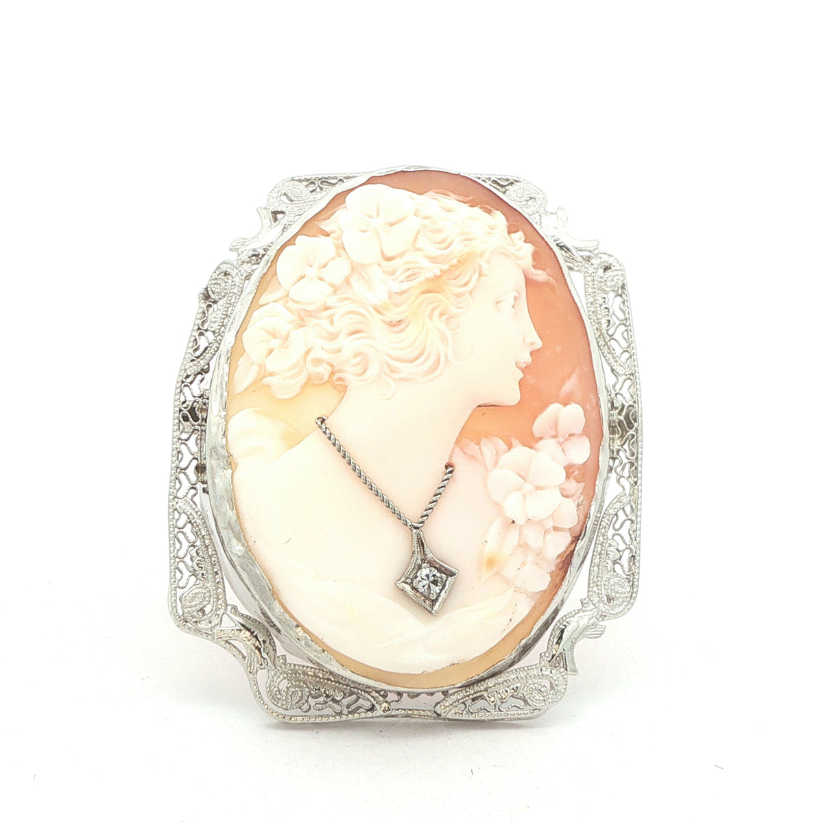 Circa 1920s 14K White Gold Floral Cameo Brooch Pendant – Vintage Openwork Frame