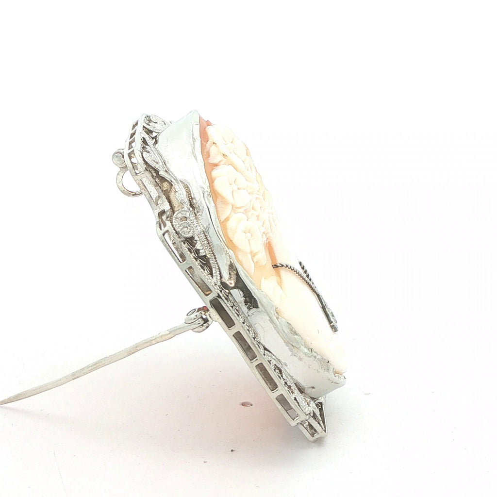 Circa 1920s 14K White Gold Floral Cameo Brooch Pendant – Vintage Openwork Frame