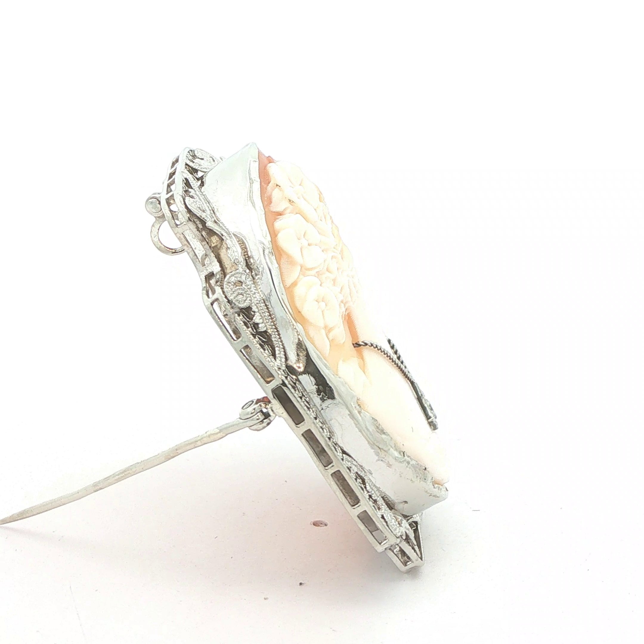 Circa 1920s 14K White Gold Floral Cameo Brooch Pendant – Vintage Openwork Frame