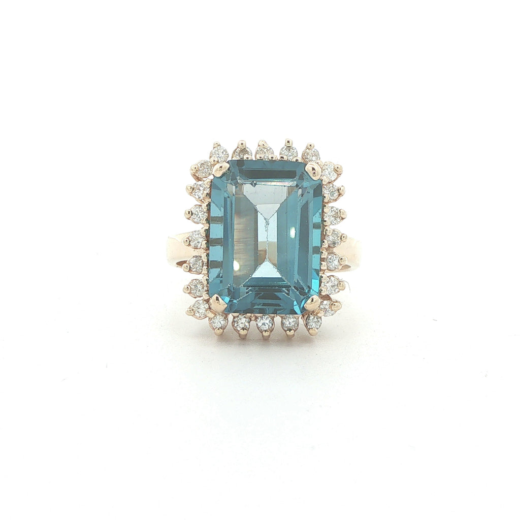 Vintage 14K Yellow Gold London Blue Topaz & Diamond Halo Ring – Size 8