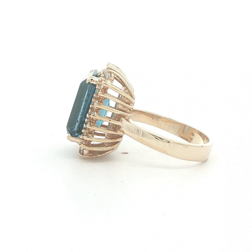 Vintage 14K Yellow Gold London Blue Topaz & Diamond Halo Ring – Size 8