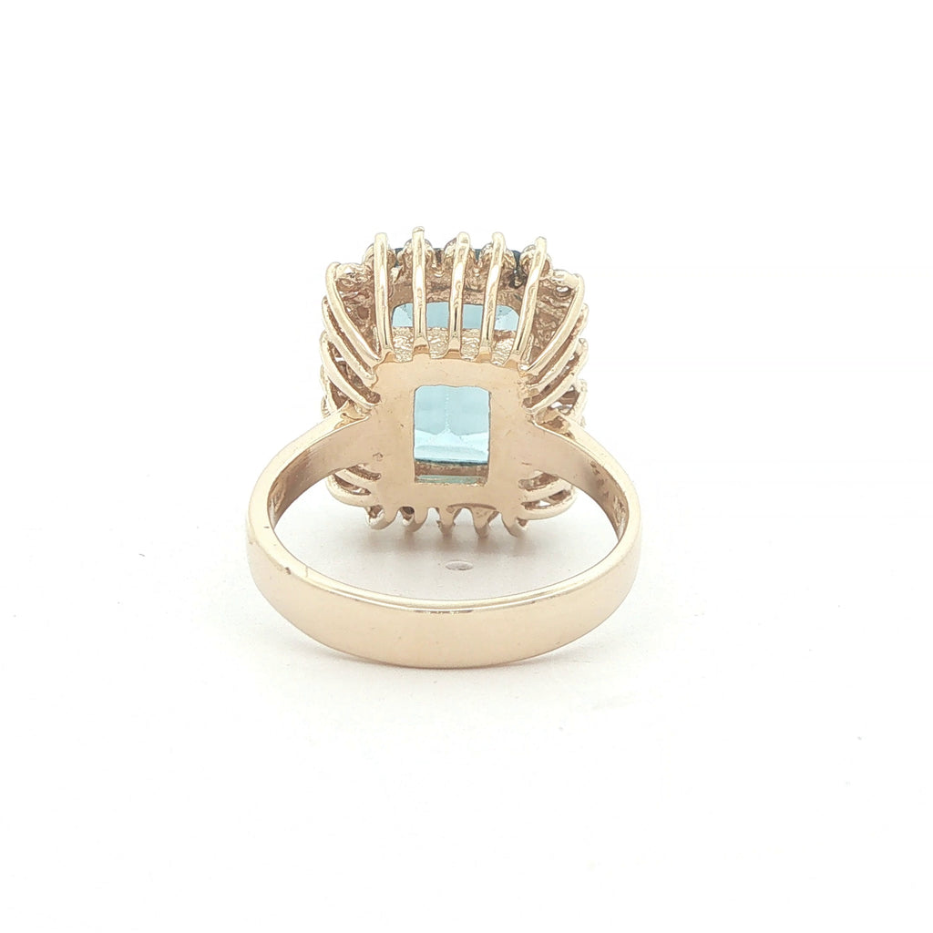 Vintage 14K Yellow Gold London Blue Topaz & Diamond Halo Ring – Size 8