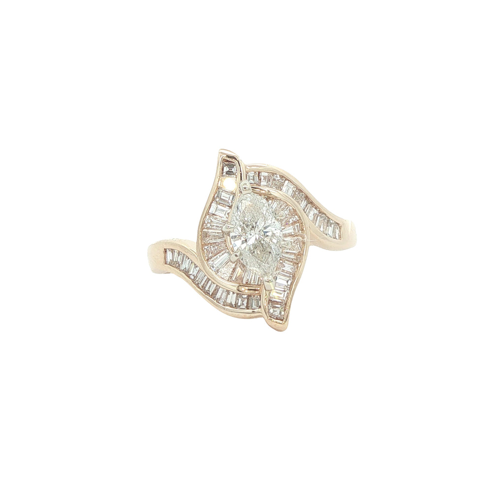 Vintage Estate 14K Yellow Gold Natural Marquise Diamond Ring – 0.75ct Center & Baguettes – Size 7.25