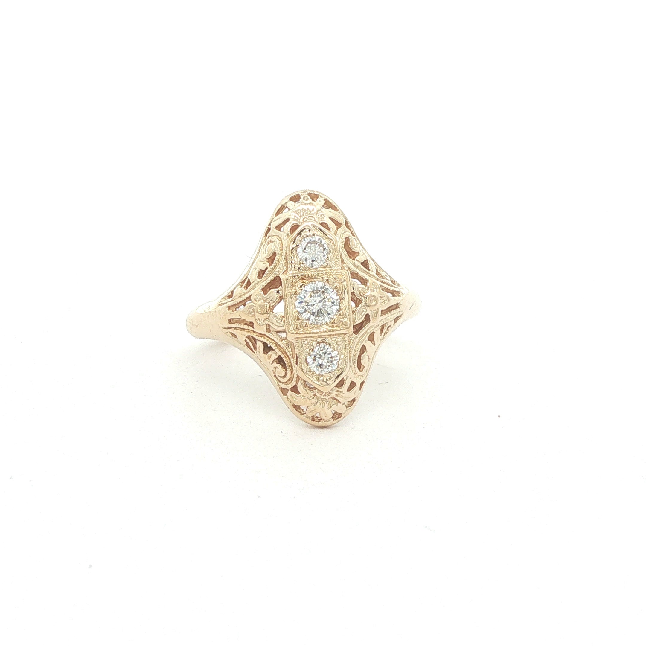 Estate 1920s Art Deco Style 14K Yellow Gold Filigree Natural Round Diamond Ring Size 6
