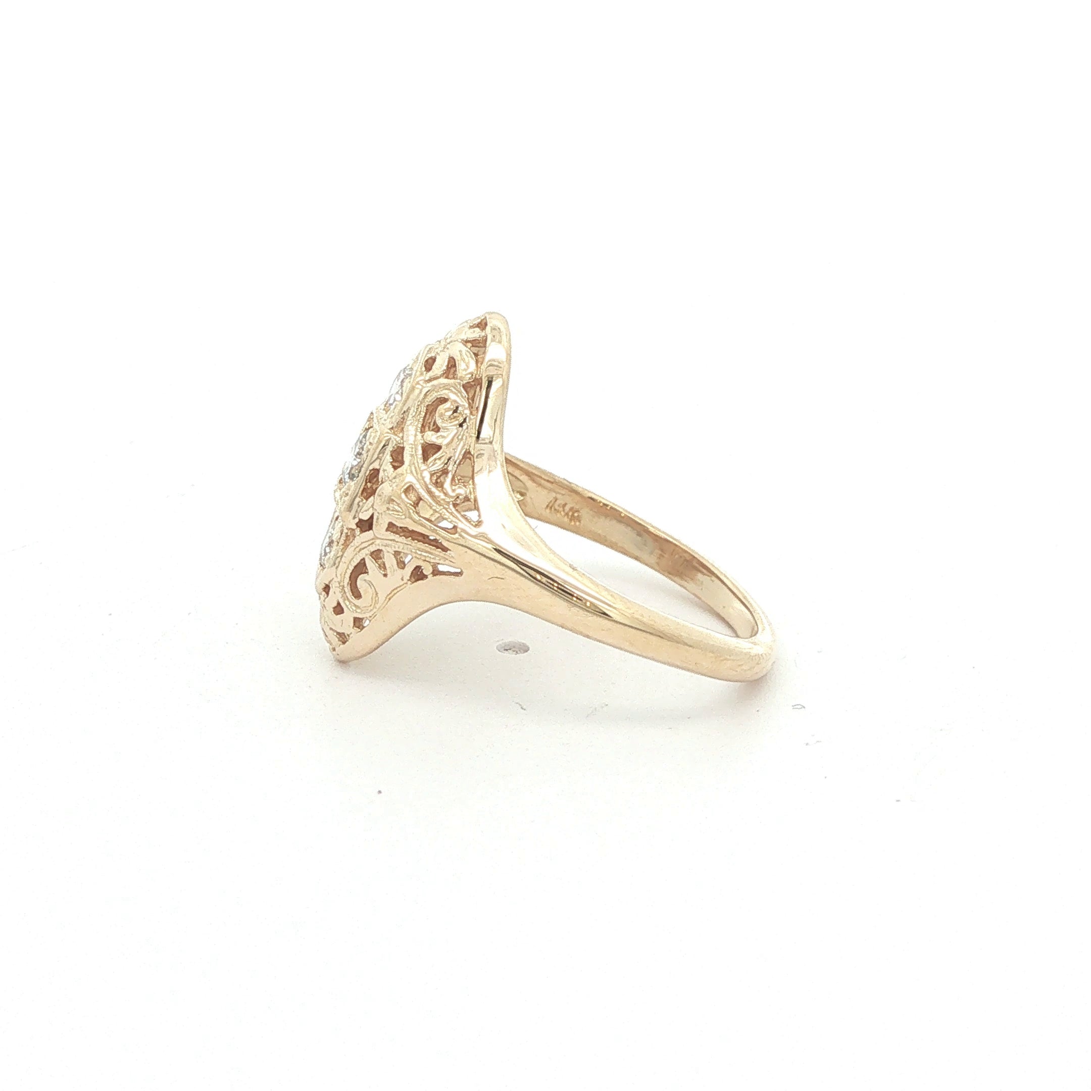 Estate 1920s Art Deco Style 14K Yellow Gold Filigree Natural Round Diamond Ring Size 6