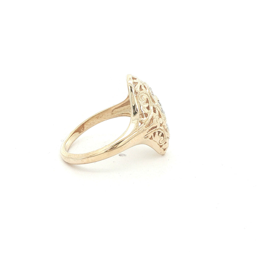 Estate 1920s Art Deco Style 14K Yellow Gold Filigree Natural Round Diamond Ring Size 6