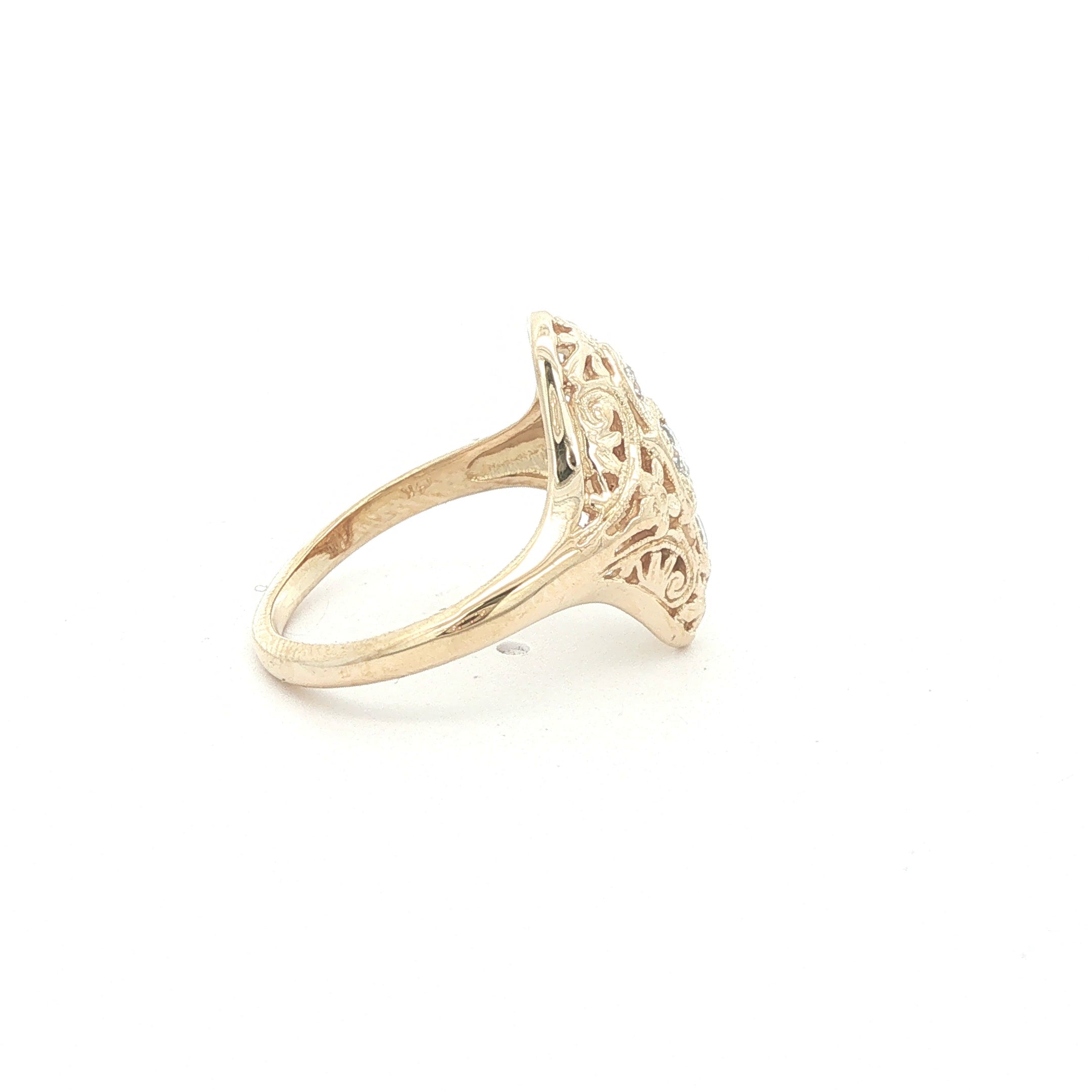 Estate 1920s Art Deco Style 14K Yellow Gold Filigree Natural Round Diamond Ring Size 6