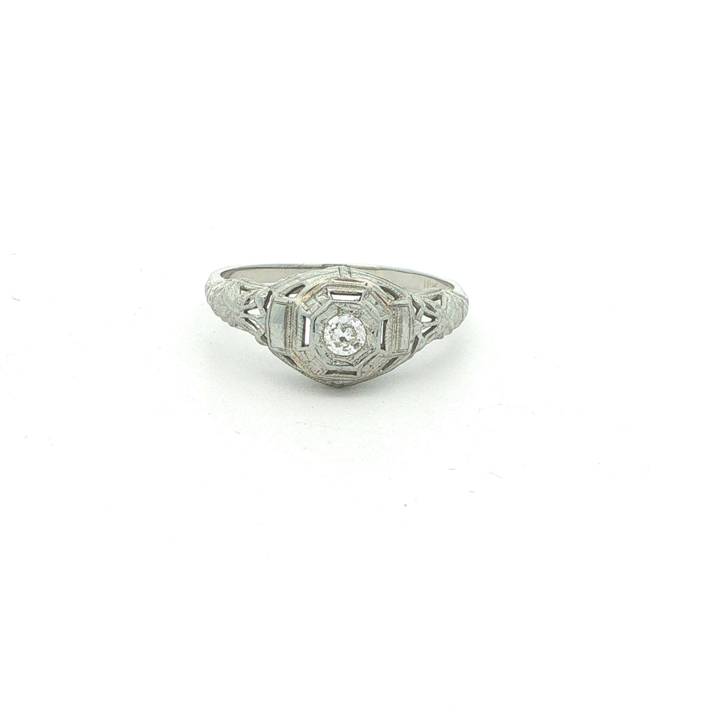 Estate Vintage Circa 1925 18K White Gold Old Mine Cut Diamond Filigree Ring 0.10 CTW Size 7