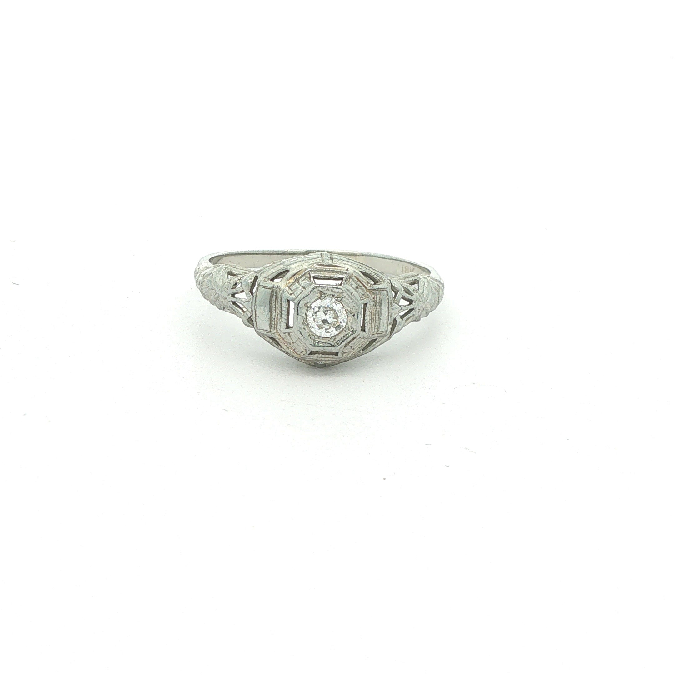 Estate Vintage Circa 1925 18K White Gold Old Mine Cut Diamond Filigree Ring 0.10 CTW Size 7