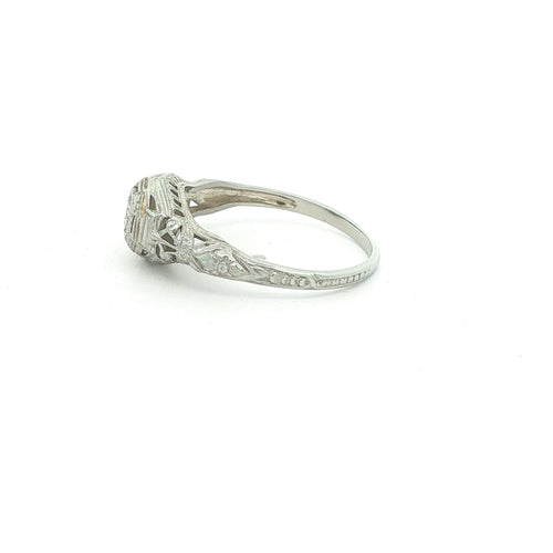 Estate Vintage Circa 1925 18K White Gold Old Mine Cut Diamond Filigree Ring 0.10 CTW Size 7