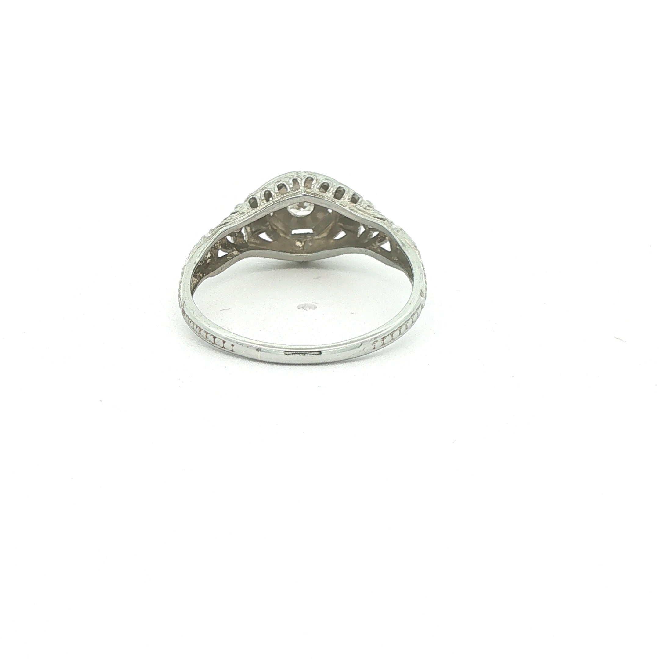 Estate Vintage Circa 1925 18K White Gold Old Mine Cut Diamond Filigree Ring 0.10 CTW Size 7