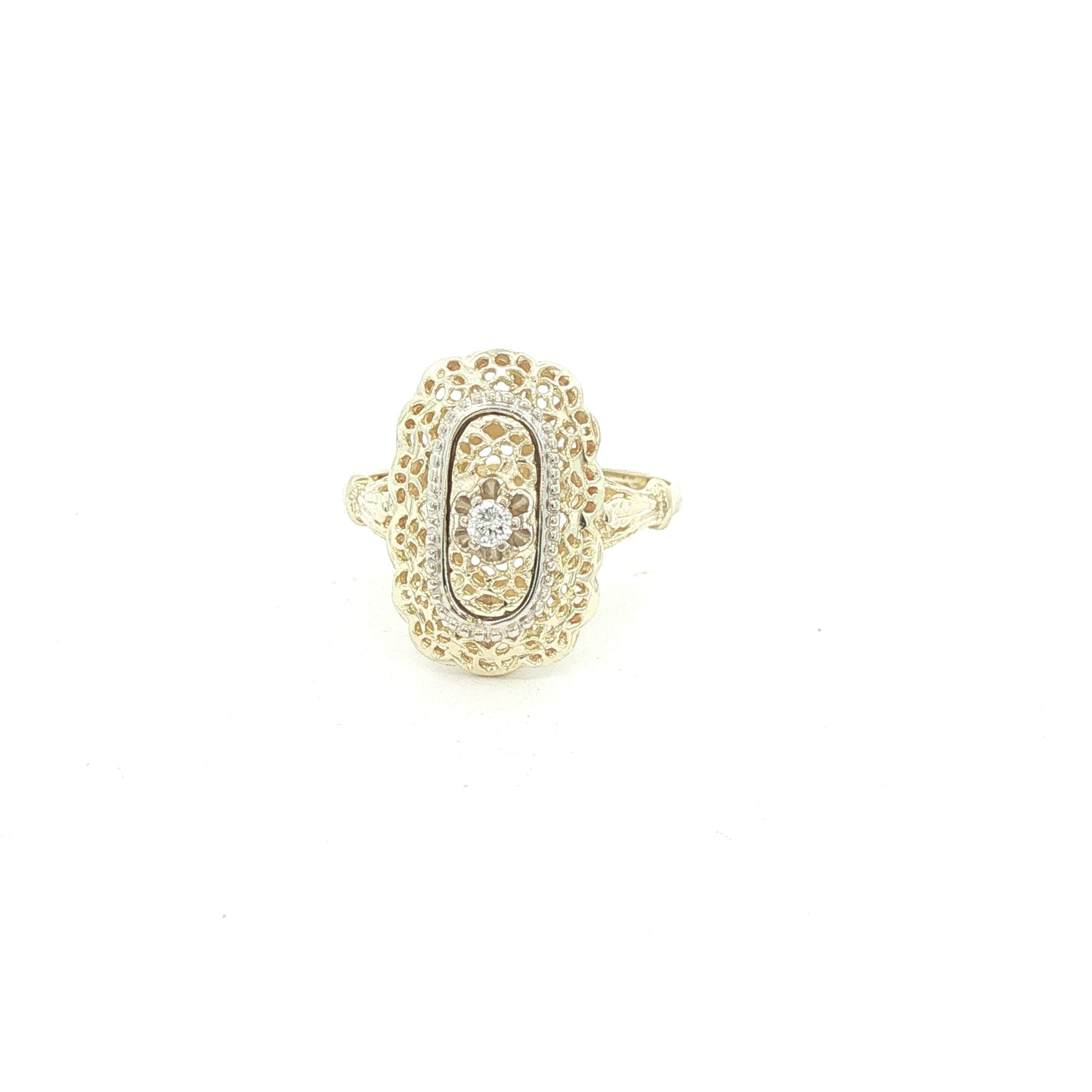 Estate 1920s Art Deco Style 14K Yellow Gold Filigree Diamond Ring Size 5