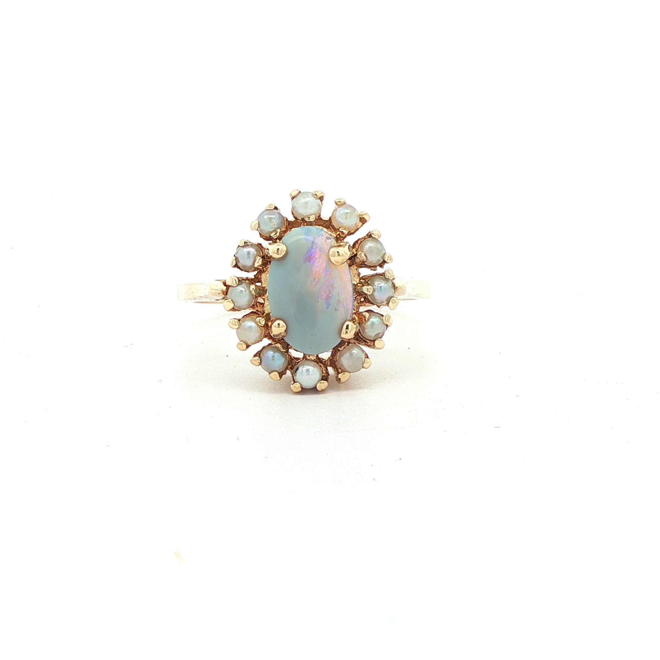 14K Yellow Gold Oval Opal and Pearl Halo