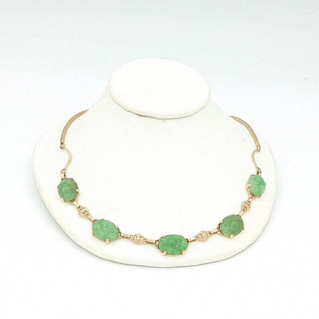 Circa 1950s–1960s Vintage Estate Natural Jade 14K Yellow Gold 18" Necklace with Oval Cabochon Stations