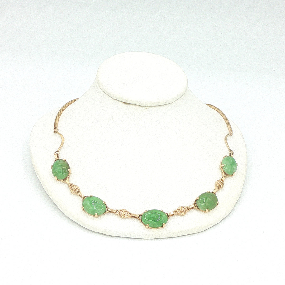 Circa 1950s–1960s Vintage Estate Natural Jade 14K Yellow Gold 18" Necklace with Oval Cabochon Stations