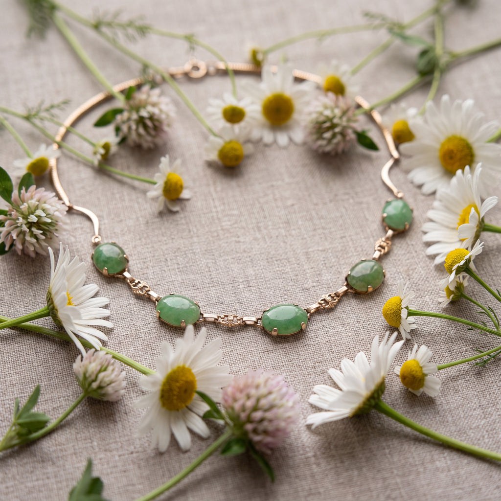 Circa 1950s–1960s Vintage Estate Natural Jade 14K Yellow Gold 18" Necklace with Oval Cabochon Stations