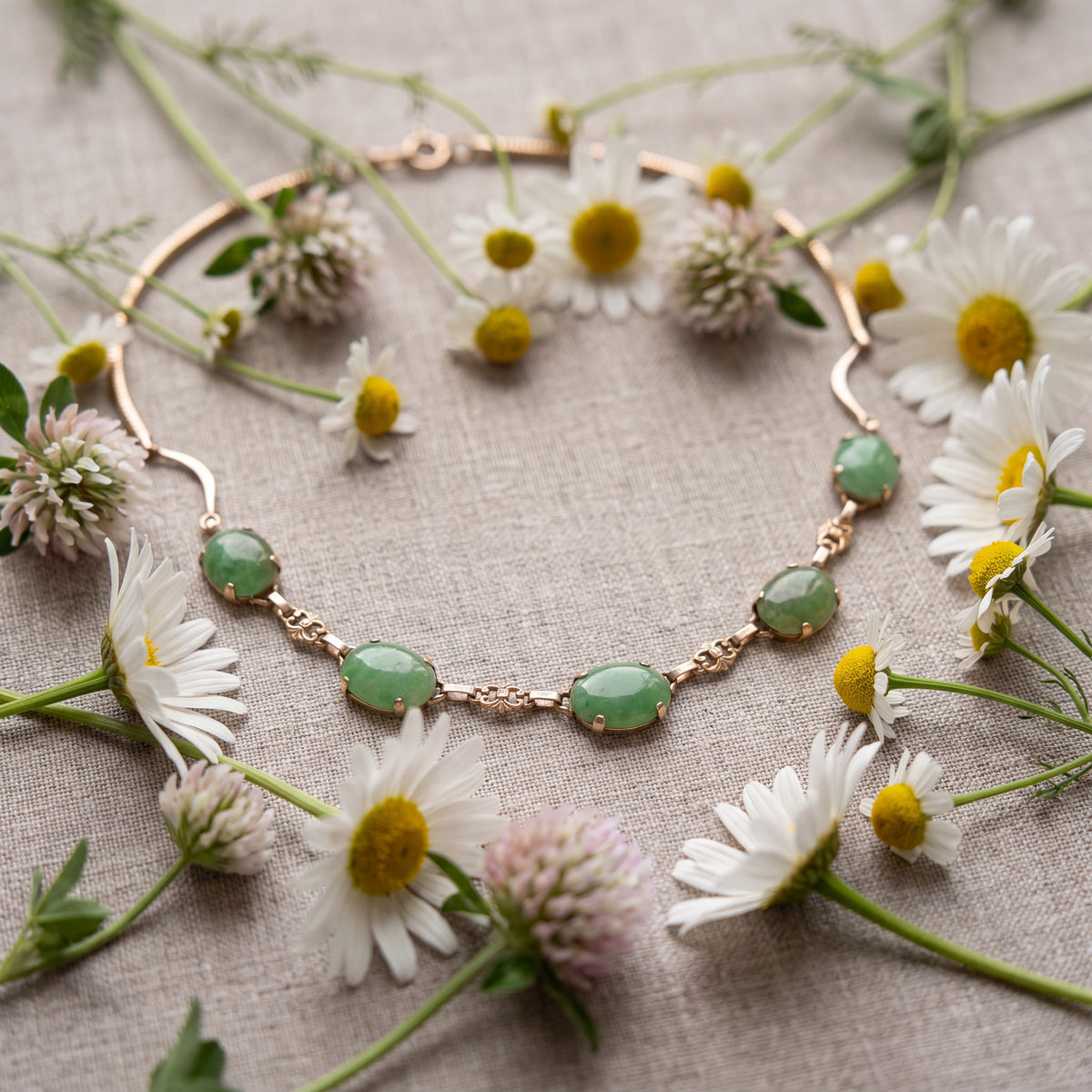 Circa 1950s–1960s Vintage Estate Natural Jade 14K Yellow Gold 18" Necklace with Oval Cabochon Stations
