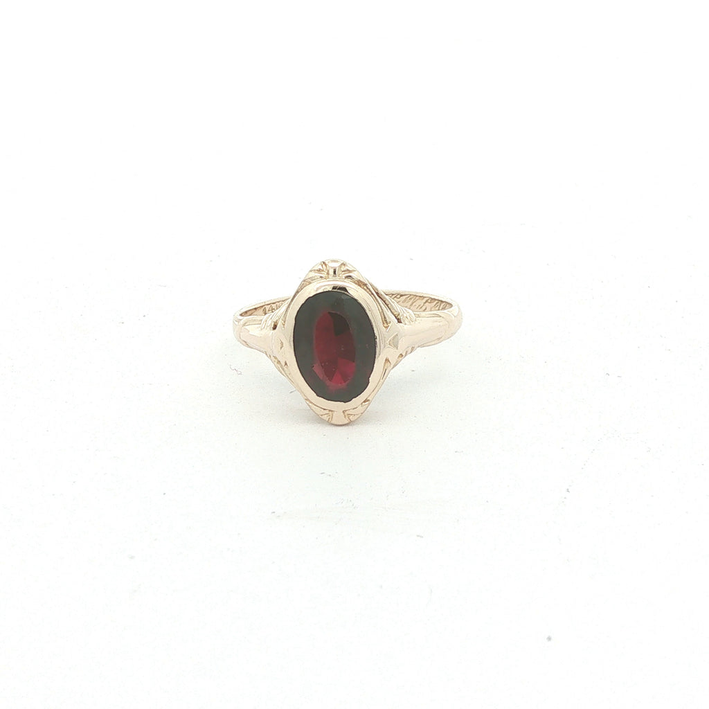 Vintage 1930s Estate Natural Garnet 14k Yellow Gold Filigree Ring