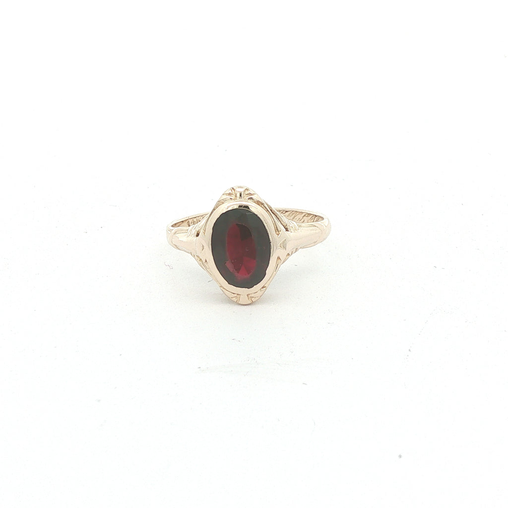 Vintage 1930s Estate Natural Garnet 14k Yellow Gold Filigree Ring