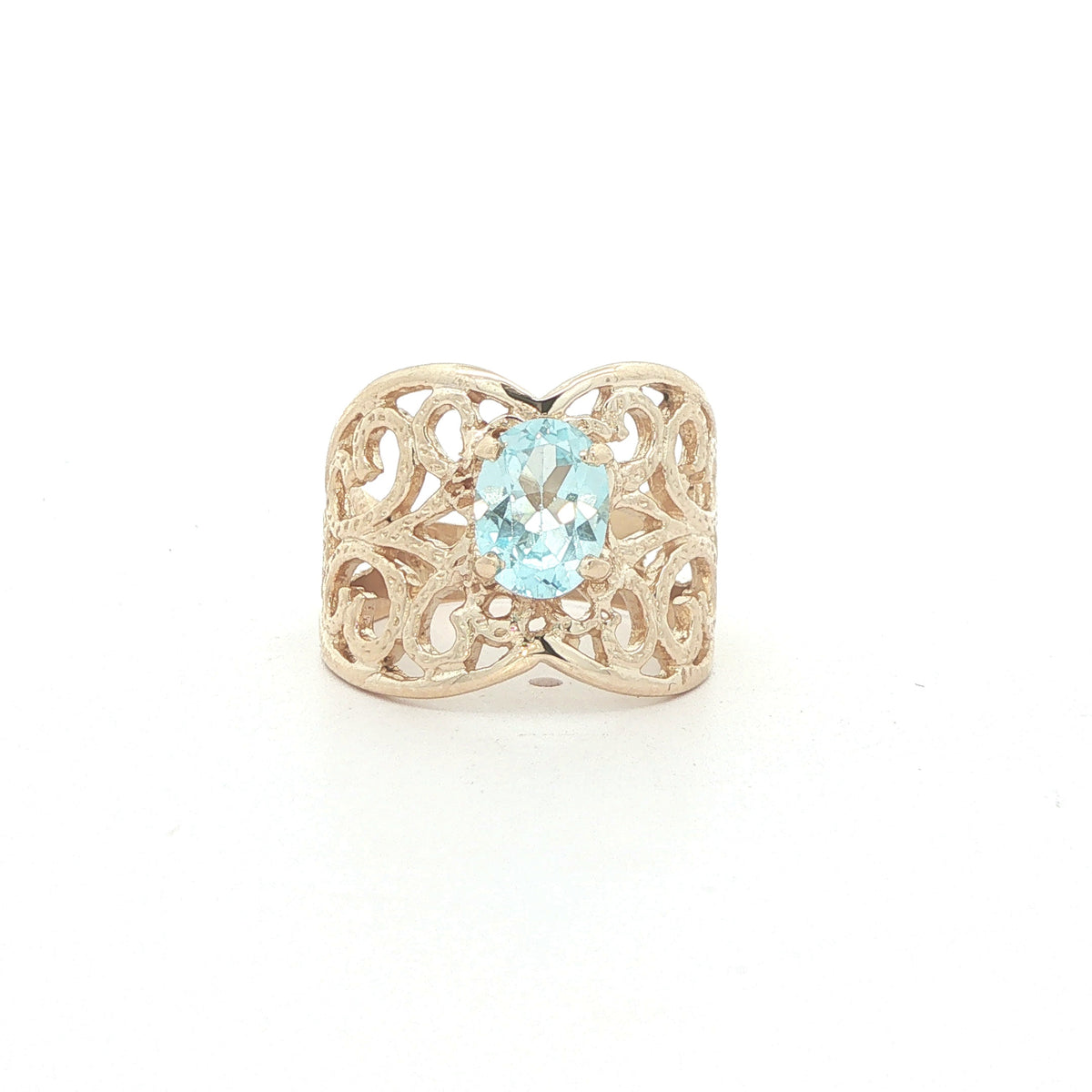 Vintage 14K Yellow Gold Oval Aquamarine Filigree Ring – Size 6.50