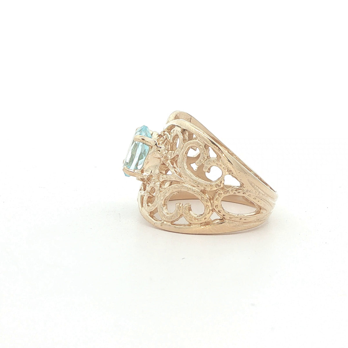Vintage 14K Yellow Gold Oval Aquamarine Filigree Ring – Size 6.50
