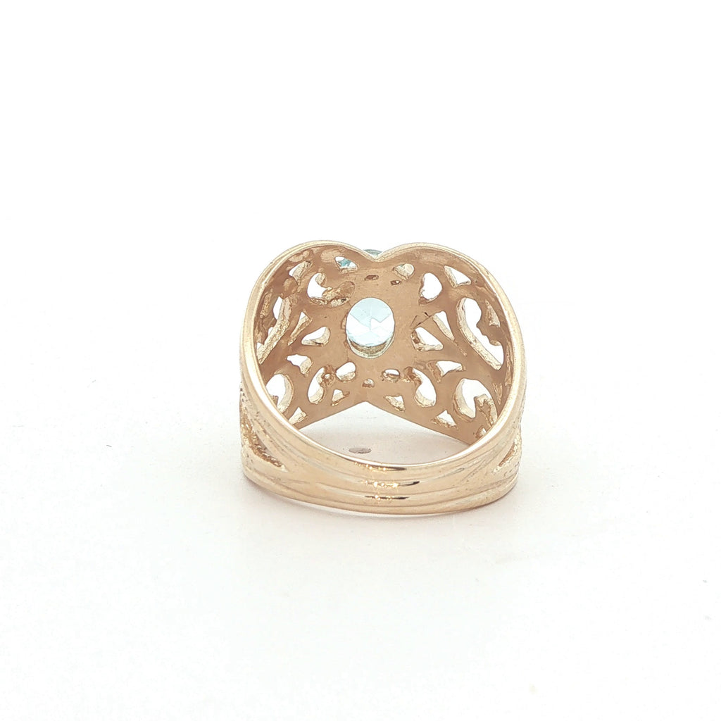 Vintage 14K Yellow Gold Oval Aquamarine Filigree Ring – Size 6.50